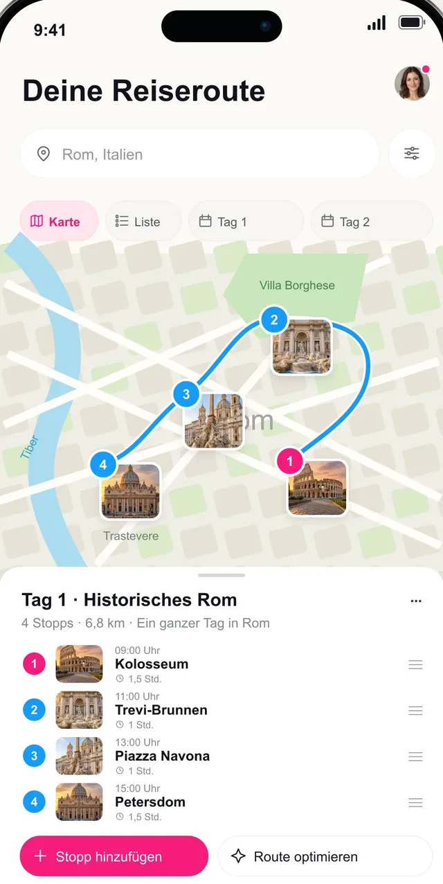 Pictoura-Reiseplan mit einer Tagesroute durch Rom auf der Karte