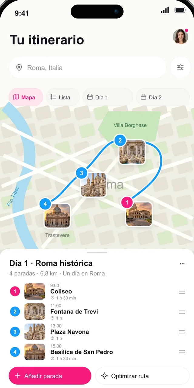 Pantalla de itinerario de Pictoura con una ruta día a día por Roma en el mapa