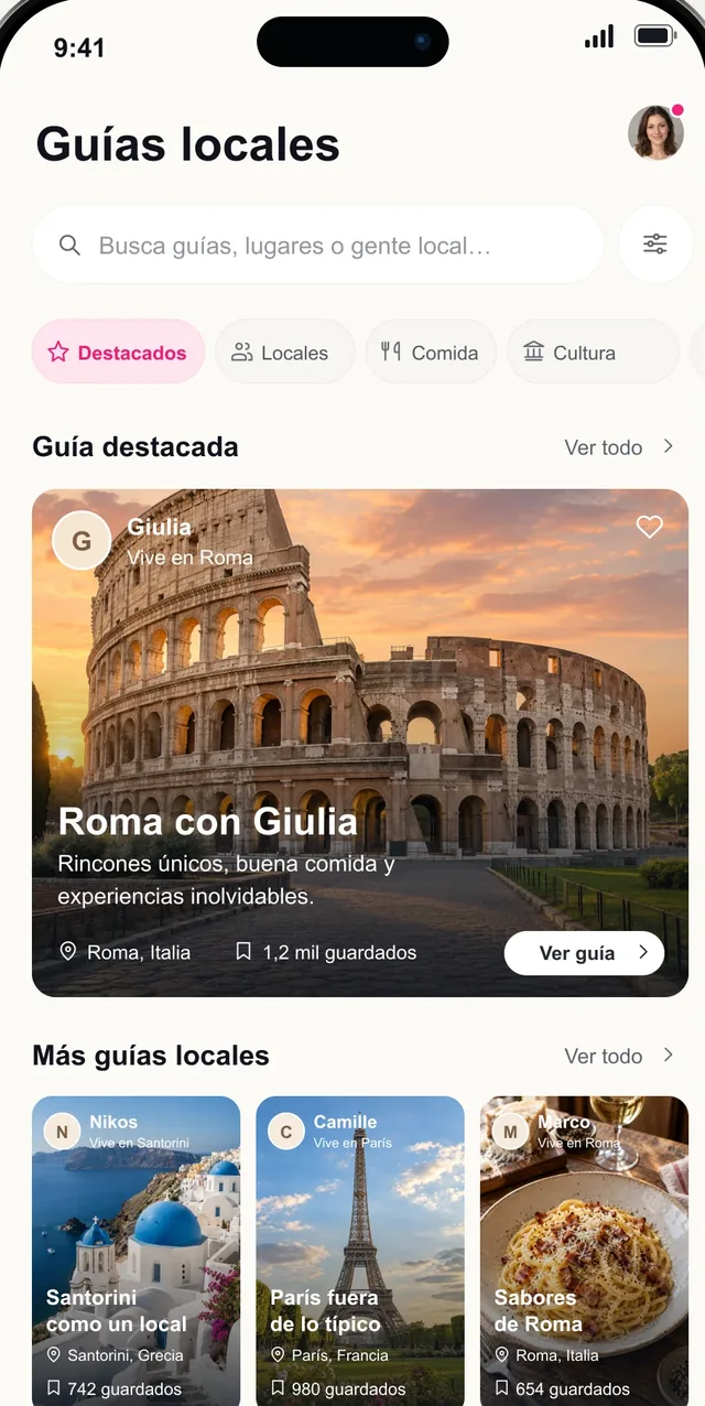 Pantalla de guías locales de Pictoura con la guía de Roma de una vecina