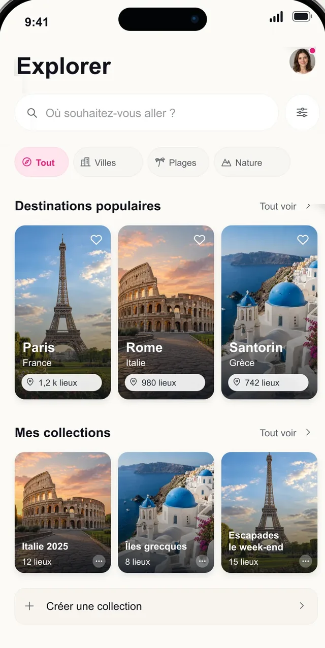 Écran Explorer de Pictoura avec des destinations populaires et des collections de voyage