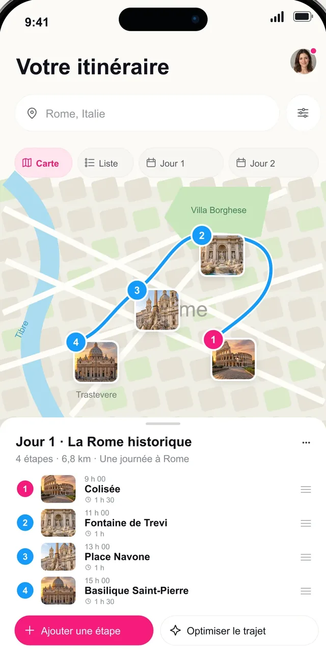 Écran d’itinéraire Pictoura avec un trajet jour par jour dans Rome sur une carte