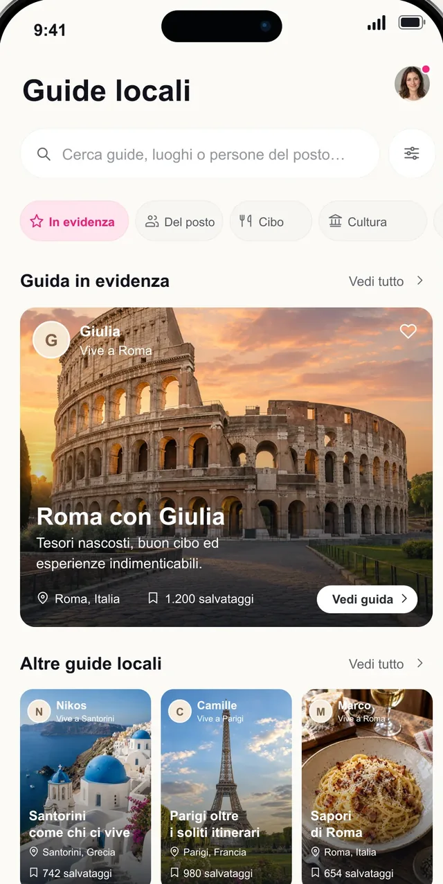 Schermata guide locali di Pictoura con la guida di Roma di una romana