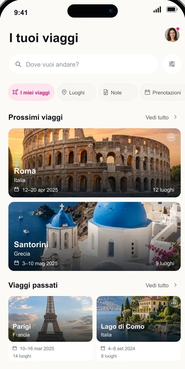 Schermata I tuoi viaggi di Pictoura con viaggi in arrivo a Roma e Santorini