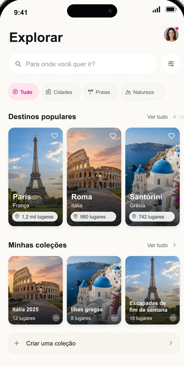 Tela Explorar do Pictoura com destinos populares e coleções de viagem