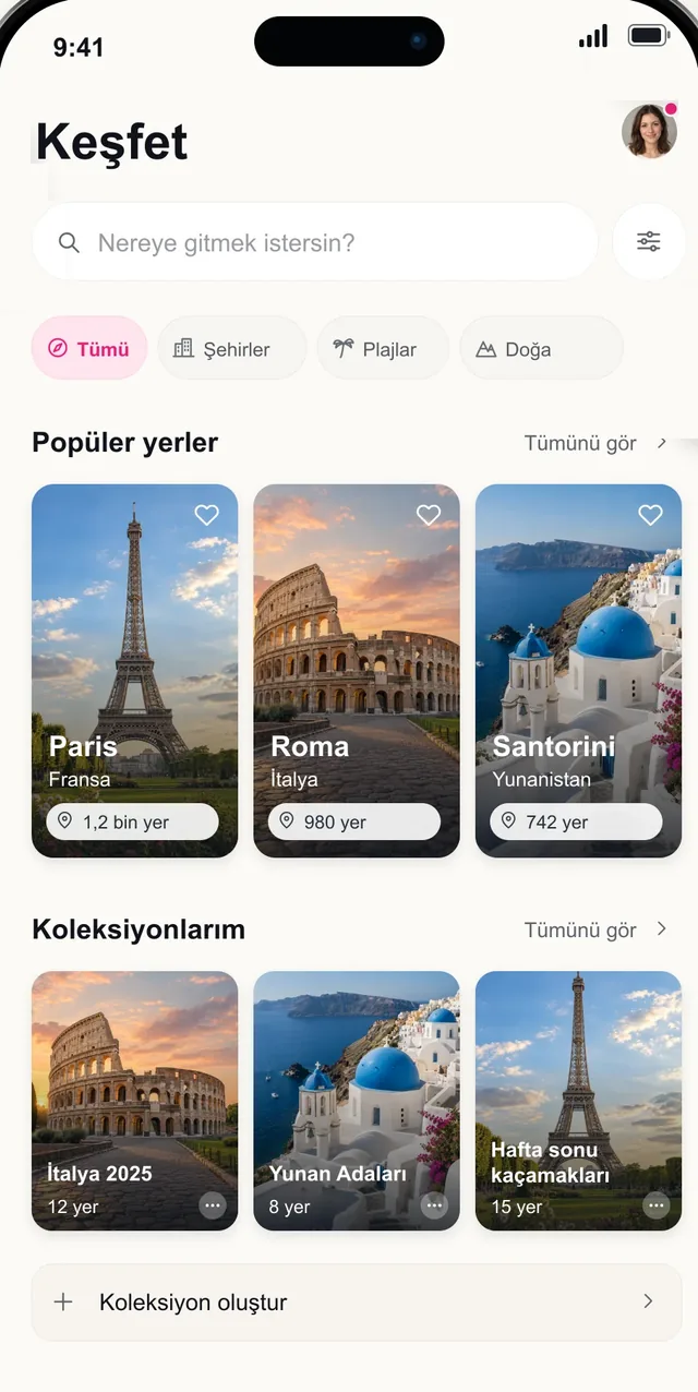Popüler rotalar ve seyahat koleksiyonlarıyla Pictoura Keşfet ekranı