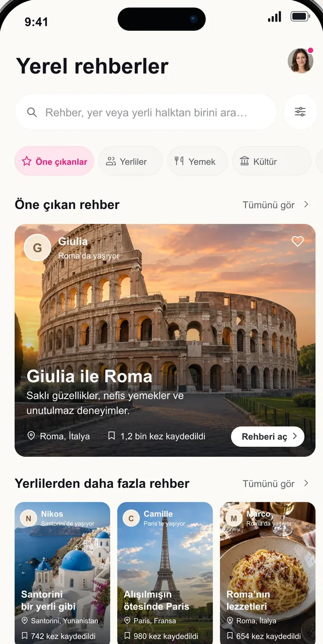 Romalı bir yerelin Roma rehberini gösteren Pictoura yerel rehberler ekranı